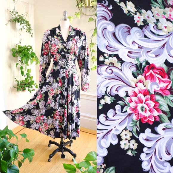 Vintage 1980s Shirt Dress 80s KAREN ALEXANDER Floral Black Maxi Shirtwaist